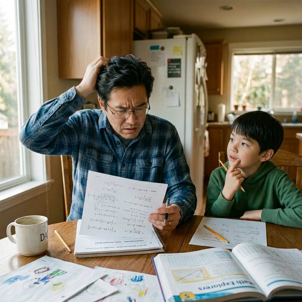 Father and son working on math homework with textbooks and papers on table