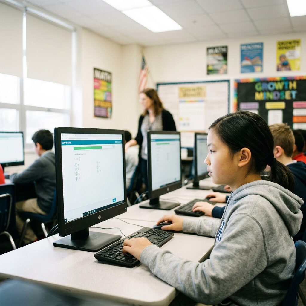 Students sitting at computers taking an online test with teacher in background